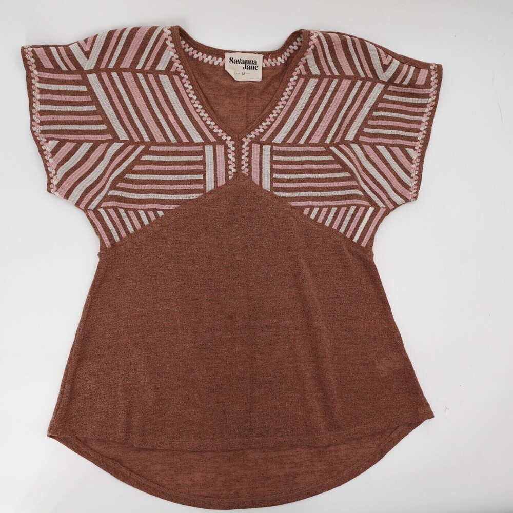 Savanna Jane Top Womens Medium Brown Geometric Embroidered V-Neck Short Sleeve